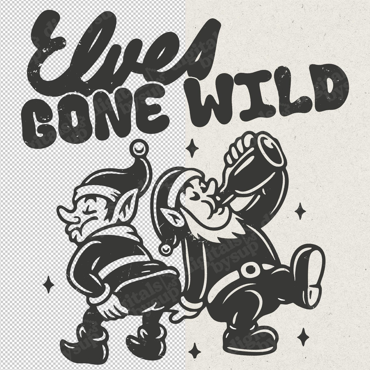 Funny Christmas Quote PNG: Naughty 'Elves Gone Wild' Drinking Elf Clipart (Digital Download)
