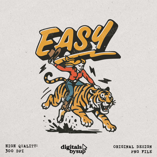 Funny Cowgirl Tiger Graphic PNG: Retro T-Shirt Design (Instant Download)