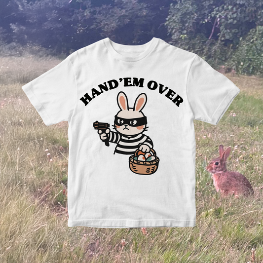 Hand ’Em Over PNG – Funny Easter Bunny Bandit with Eggs, Easter Meme Sublimation Design