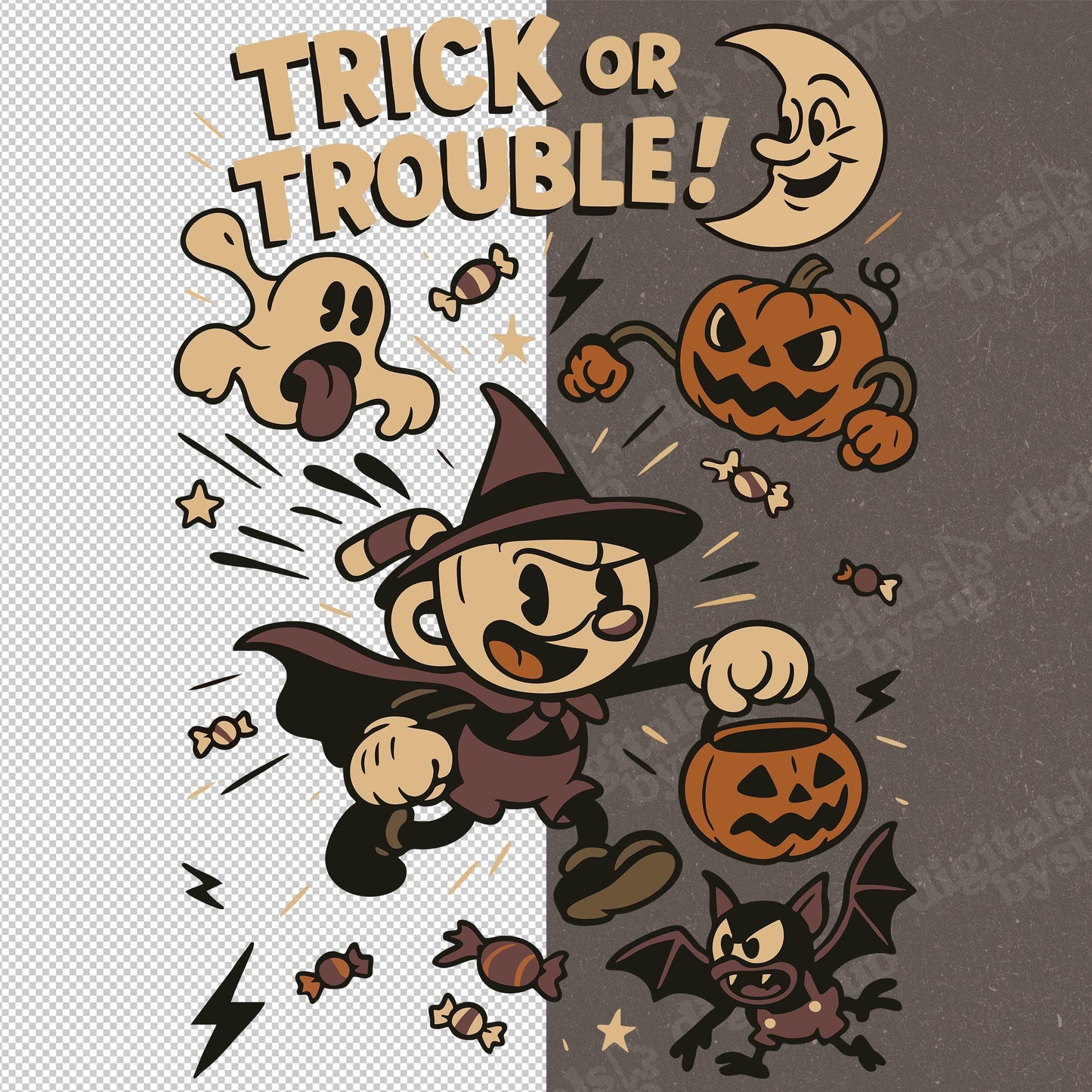 Retro Halloween PNG Clipart: Spooky Vintage Cartoon Art (Digital Download)