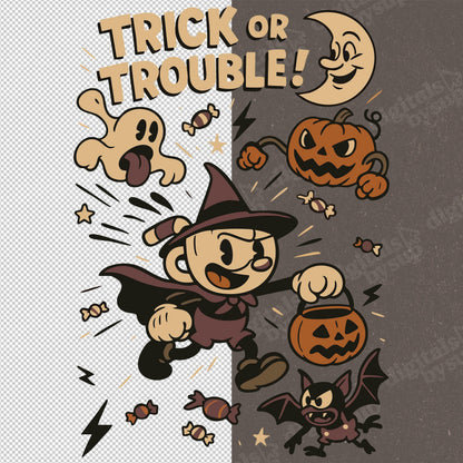 Retro Halloween PNG Clipart: Spooky Vintage Cartoon Art (Digital Download)