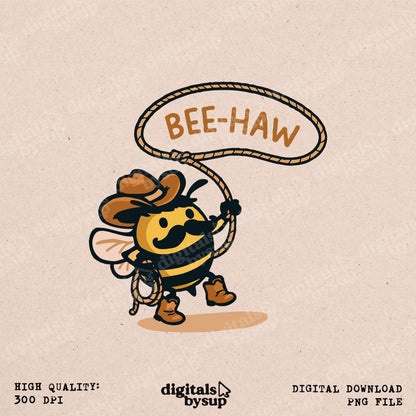Cowboy Bee PNG: Bee Haw Lasso Graphic, Western Nursery Wall Art, Funny Animal Sublimation Design, Digital Download for T-Shirts & Mugs
