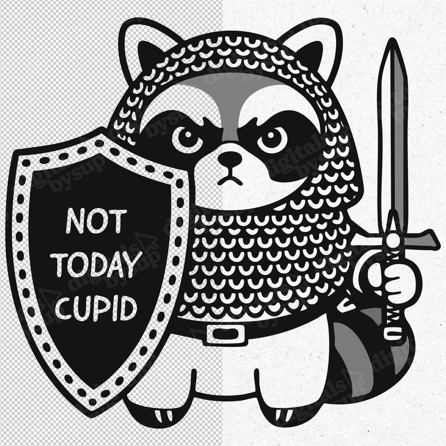 Anti-valentine Raccoon PNG – Medieval Knight 'Not Today Cupid' Design (Digital Download)