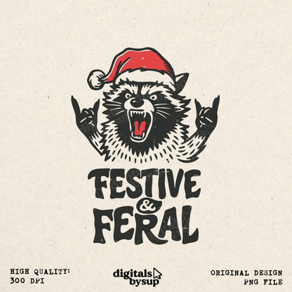 Festive & Feral PNG - Raccoon Christmas Design (Digital Download)