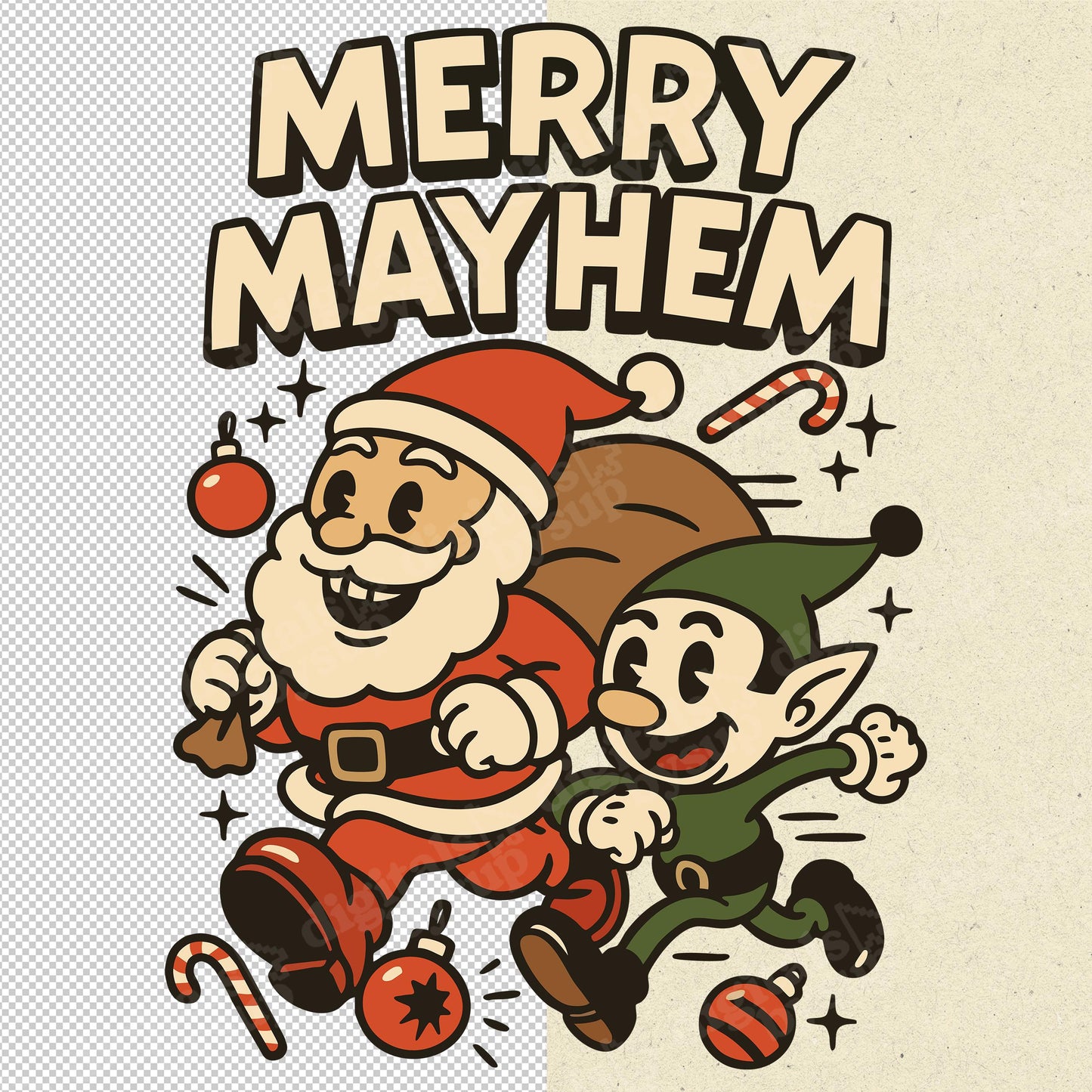 Rubber Hose Christmas PNG: Merry Mayhem Santa Elf Vintage Cartoon Clipart (Digital Download)